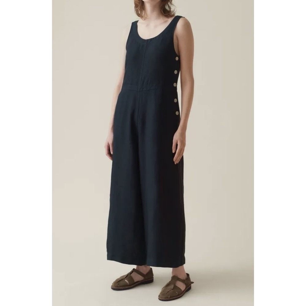 Toast Linen Jumpsuit Size S Navy Side Button Wide Leg Dungarees Delave Pocket - Picture 2 of 8